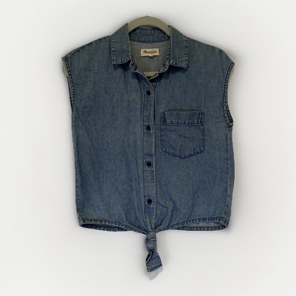 Madewell Denim Blouse Sleeveless XS‎ Blue Button Down Linen Blend Tie Front - Picture 8 of 8